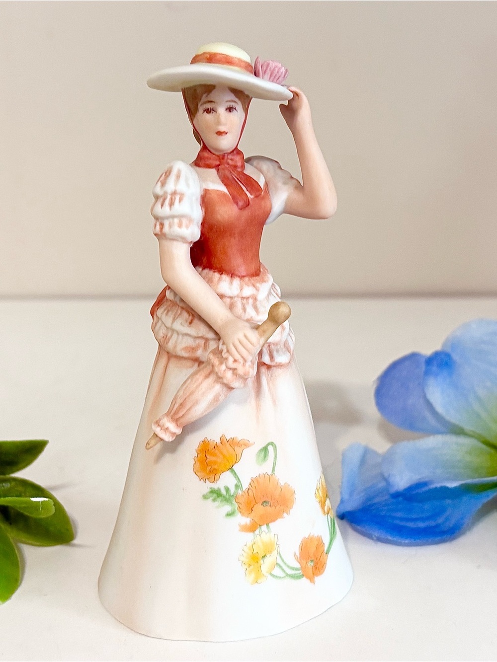 Vintage Enesco 1980s Victorian Lady Bell-Nicole w Orange Poppies-August Birthday